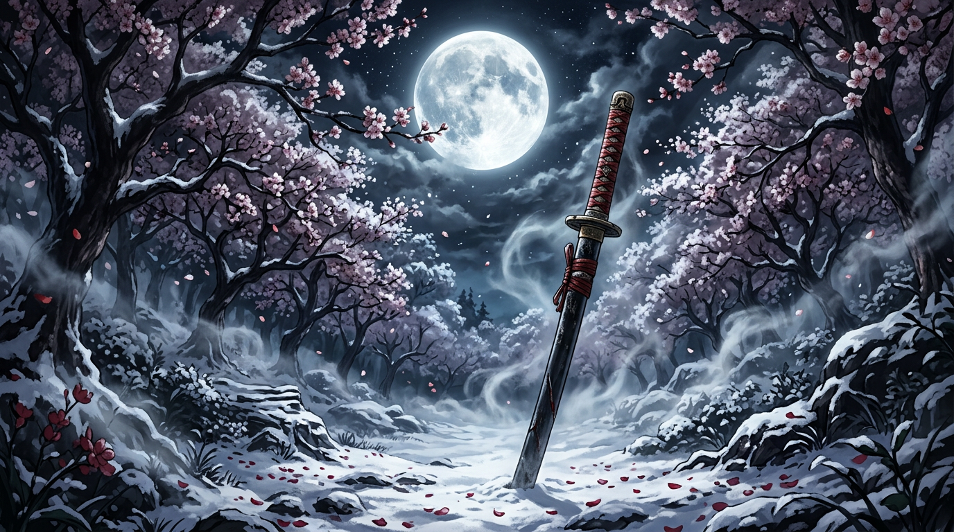 Illustration de Tanjiro et Nezuko avec un katana et des pétales rouges en arrière-plan
