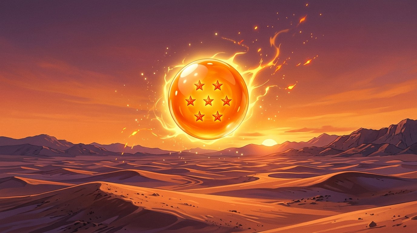 Illustration Dragon Ball avec les sept Dragon Balls dorées et silhouette de Goku Super Saiyan
