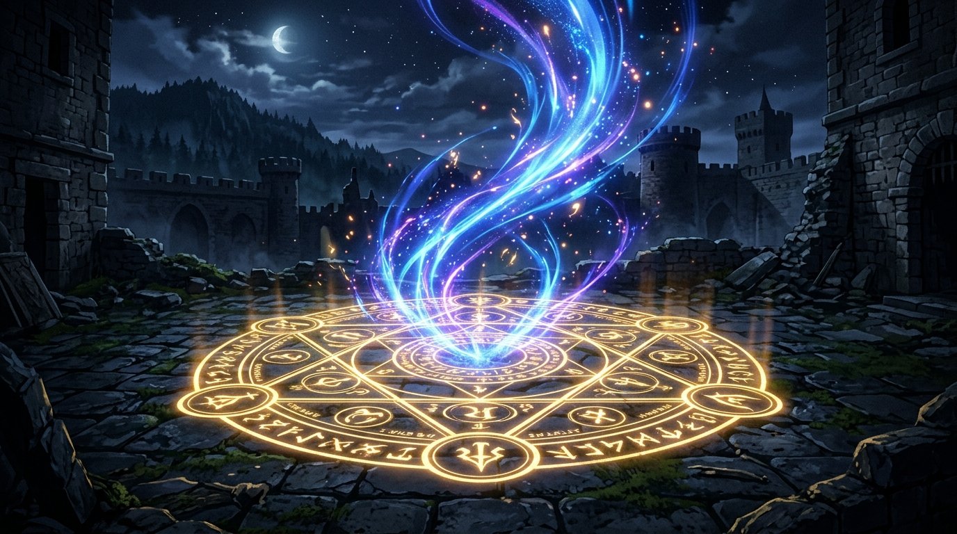 Illustration de la franchise Fate avec silhouettes de Servants devant un Saint Graal lumineux