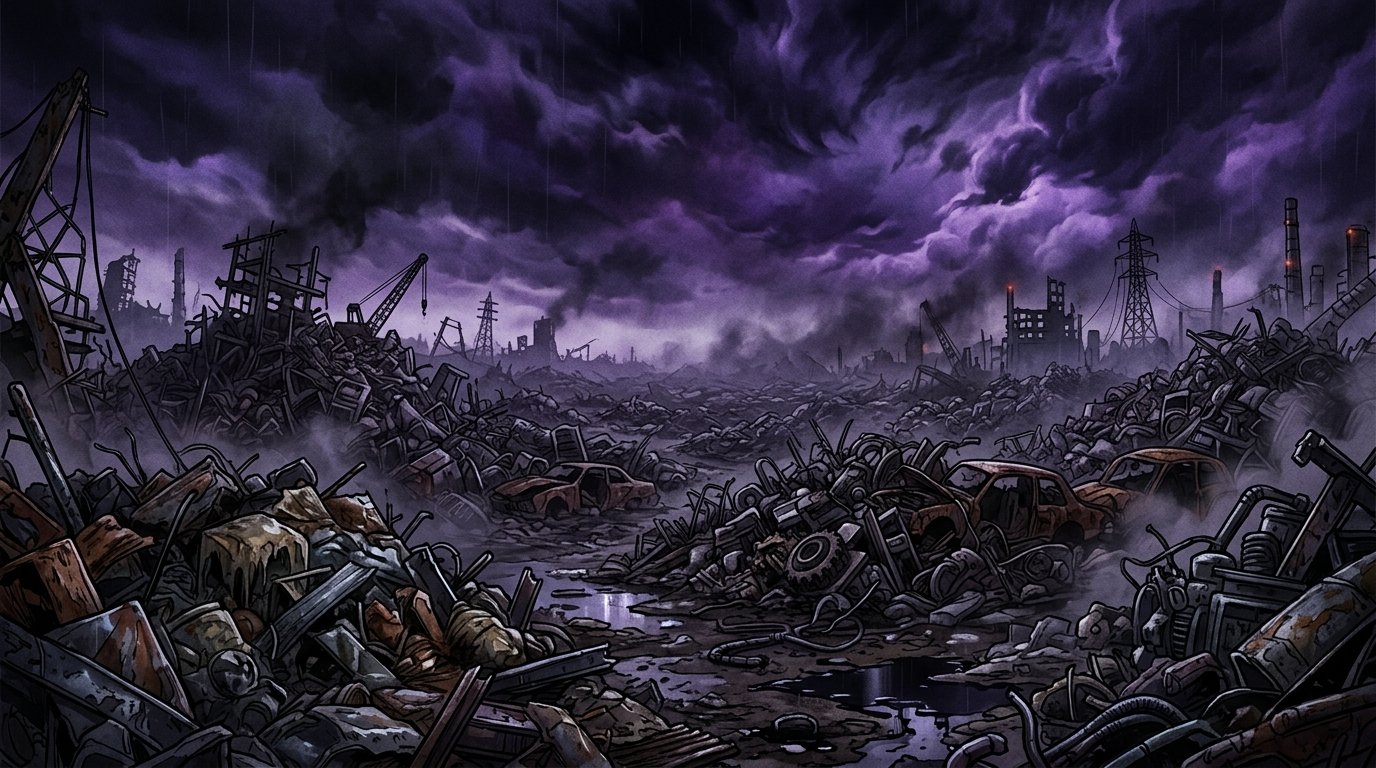 Illustration sombre style Gachiakuta avec Rudo et silhouettes de Cleaners dans la Brèche, esthétique graffiti