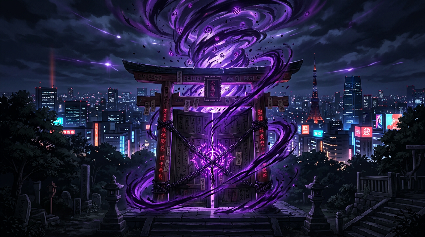 Illustration de Yuji Itadori et Gojo Satoru avec énergie occulte violette autour d'eux