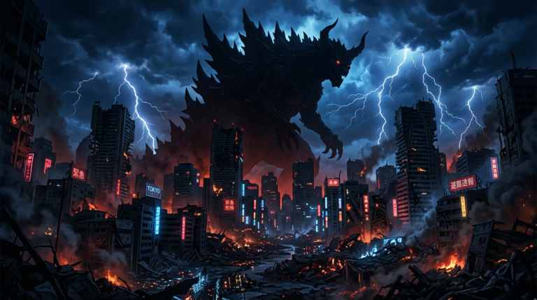 Illustration sombre style Kaiju No 8 avec silhouette de Kafka Hibino en transformation kaiju face à la Force de Défense