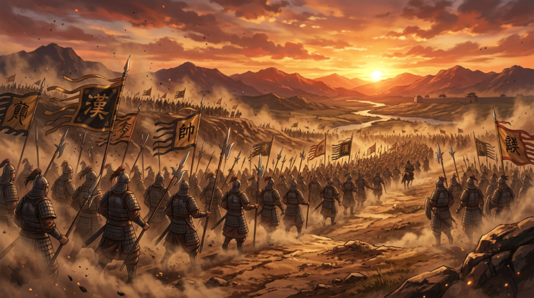 Illustration épique style Kingdom avec Shin sur fond de bataille de la Chine antique et armée de Qin