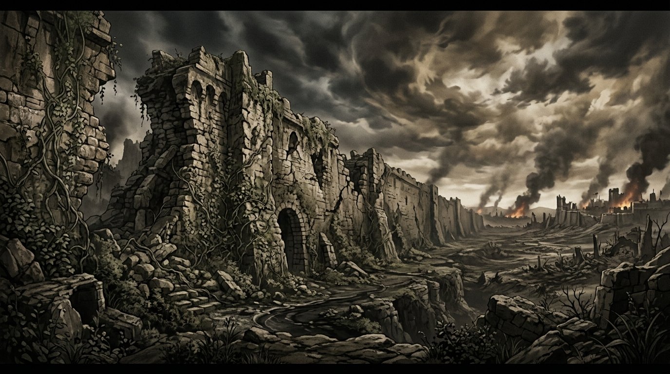 Illustration sombre style Attaque des Titans avec silhouette de Levi sur fond de murs et titan en arrière-plan
