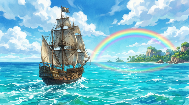 Illustration colorée style One Piece avec silhouettes de Luffy et drapeau pirate des Mugiwaras