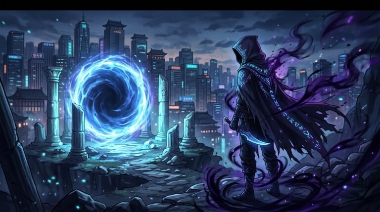 Illustration sombre dans le style de Solo Leveling : silhouette de chasseur devant un portail magique bleuté