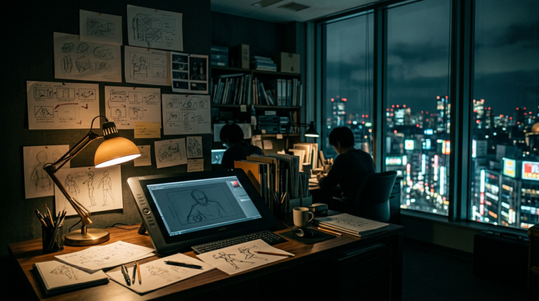 Studio d'animation japonais MAPPA, intérieur de nuit avec wacom et concept art
